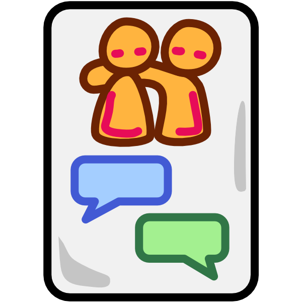 2 people with yellow skin and brown outlines, the one on the right with its arm around the other, above a light blue incoming message with darker blue outline above a light green outgoing message with darker green outline, all on a white phone screen with black outline